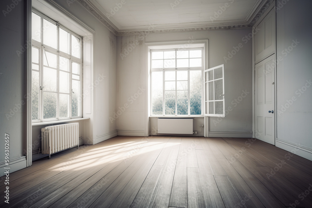 Fototapeta premium empty room with large windows and wooden floors. Generative Ai