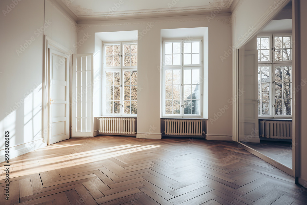 empty room with large windows and hardwood floors. Generative Ai empty room with large windows and hardwood floors. Generative Ai