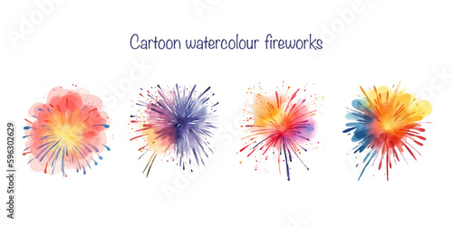 Set of vector watercolor fireworks. Birthday, New Year, celebration decor. 