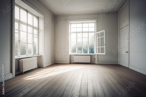 empty room with large windows and wooden floors. Generative Ai