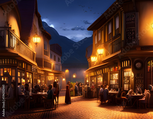 Cozy magical café courtyard at night. Warm glow over patrons relaxing at the tables. Urban night background. Digital illustration. CG Artwork Background © Irina B