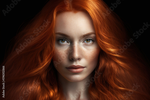 Fashion model woman with colorful red hair. Girl with perfect make-up and hair. Model with healthy dyed hair. Hair care and beauty products. Generative AI