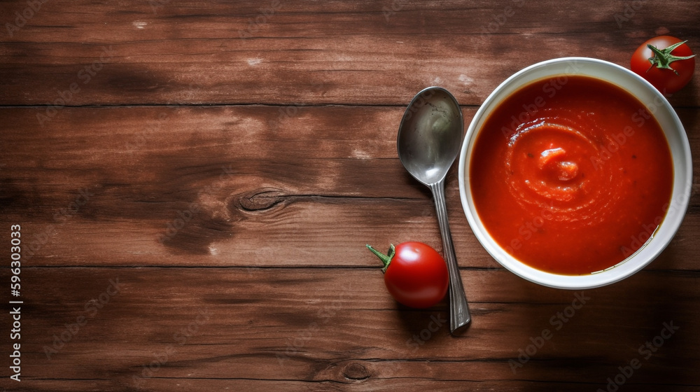 tomato soup with tomatoes and basil on a wooden table. Generative Ai tomato soup with tomatoes and basil on a wooden table. Generative Ai
