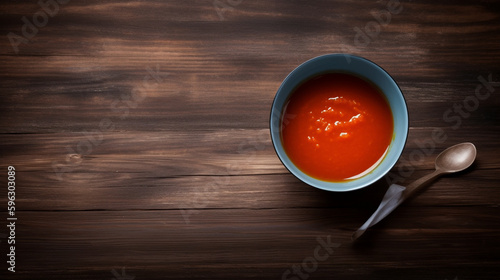 tomato sauce in a bowl on a wooden table. Generative Ai