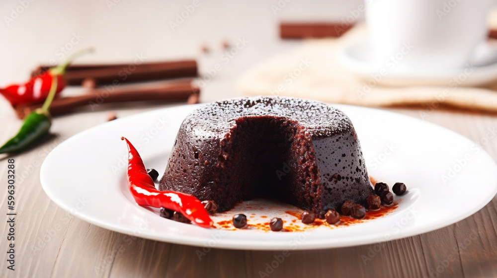 chocolate cake with chili sauce on white plate. Generative Ai chocolate cake with chili sauce on white plate. Generative Ai