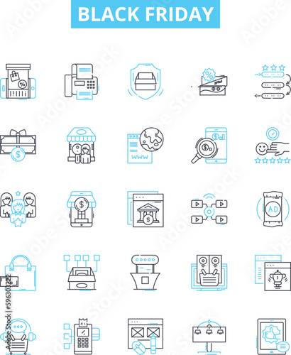Black friday vector line icons set. BlackFriday, Deals, Discounts, Shopping, Sales, Online, Retail illustration outline concept symbols and signs