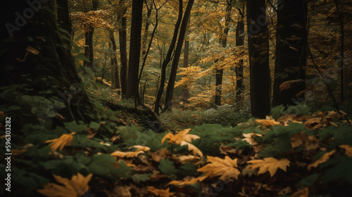 Autumn forest with yellow leaves on the ground. Generative Ai