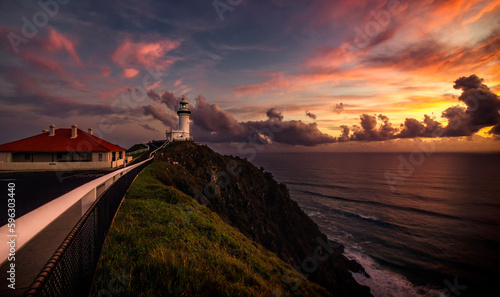 Photos The scene of the Cape Byron Lighthouse under the romantic sky filled with rosy c