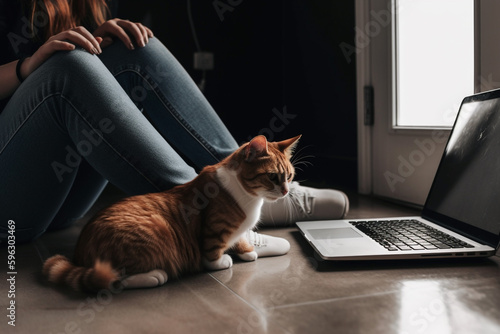 a cat sits on the floor next to a laptop. Generative Ai