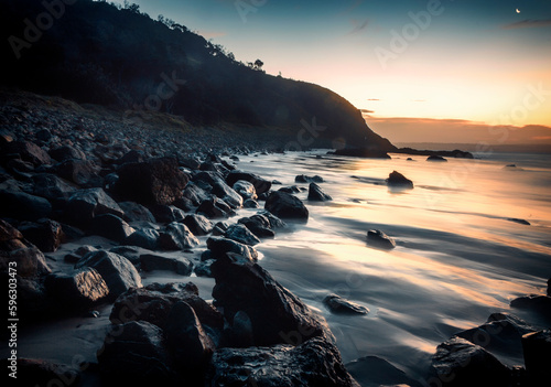 The scene of the rocks and waves in the Little Wategos Beach in the dusk in Byron Bay Fototapet