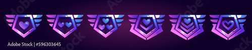 Military game insignia rank badge cartoon vector illustration. Isolated purple medal with heart for level achievement on dark background. 3d shield label for progress evolution emblem or reward.