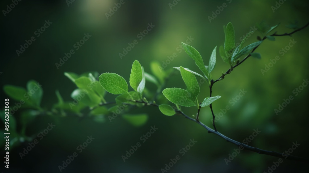 Fototapeta premium a close - up of a branch with green leaves. Generative Ai