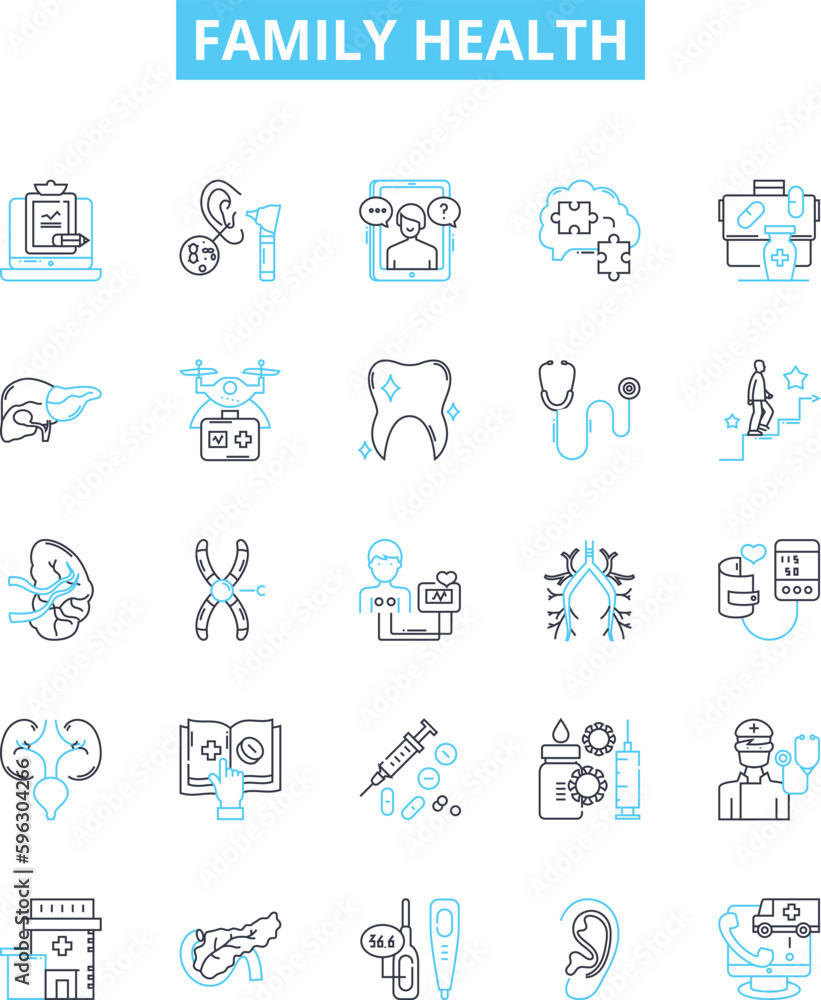 Family health vector line icons set. Family, Health, Wellbeing, Nutrition, Exercise, Lifestyle, Pediatric illustration outline concept symbols and signs