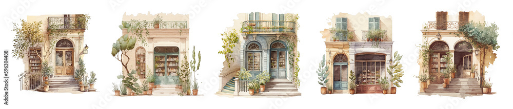 Set of vintage bookstore facades in baroque style. Watercolor images of vintage shops created with Generative AI technology.