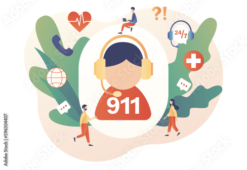 Ambulance service. 911 emergency call. Assistant manager online. Hotline call center. Modern flat cartoon style. Vector illustration on white background