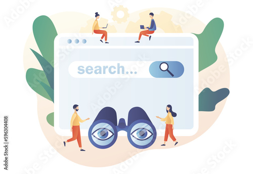 Search web page. SEO concept. Tiny people browsing online information, surfing internet with binocular. Modern flat cartoon style. Vector illustration on white background