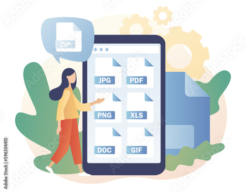 Various file formats in smartphone. File type: jpg, pdf, doc,  zip, gif, xls, png. Extension of electronic documents. Modern flat cartoon style. Vector illustration on white background