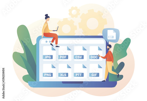 Various file formats on laptop. File type: jpg, pdf, doc,  zip, gif, csv, xls, ppt, png. Extension of electronic documents. Modern flat cartoon style. Vector illustration on white background