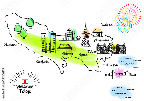 手描きの東京の観光地のシンプル線画イラストマップ