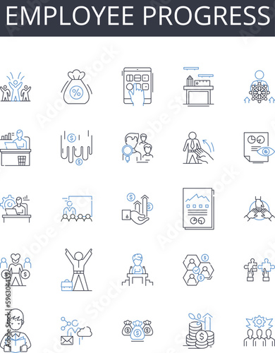 Employee progress line icons collection. Worker development, Staff advancement, Personnel growth, Workforce promotion, Job progress, Career evolution, Team maturation vector and linear illustration