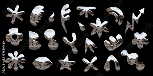 Set of Y2K themed chrome 3D objects, vector abstract shapes with metallic shine - star, arrow, flower, drop, and more