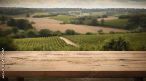 An empty wooden counter table top for product display showcase stage in a french vineyard. Generative AI © Mickael