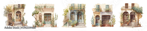 Set of vintage bookstore facades in baroque style. Watercolor images of vintage shops created with Generative AI technology.