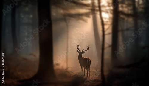 Young beautiful deer in a sunrise and misty forest. Natural woodland dawn landscape. Dark shadows and golden morning sun background summer nature beauty © annebel146