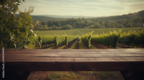 An empty wooden counter table top for product display showcase stage in a french vineyard. Generative AI