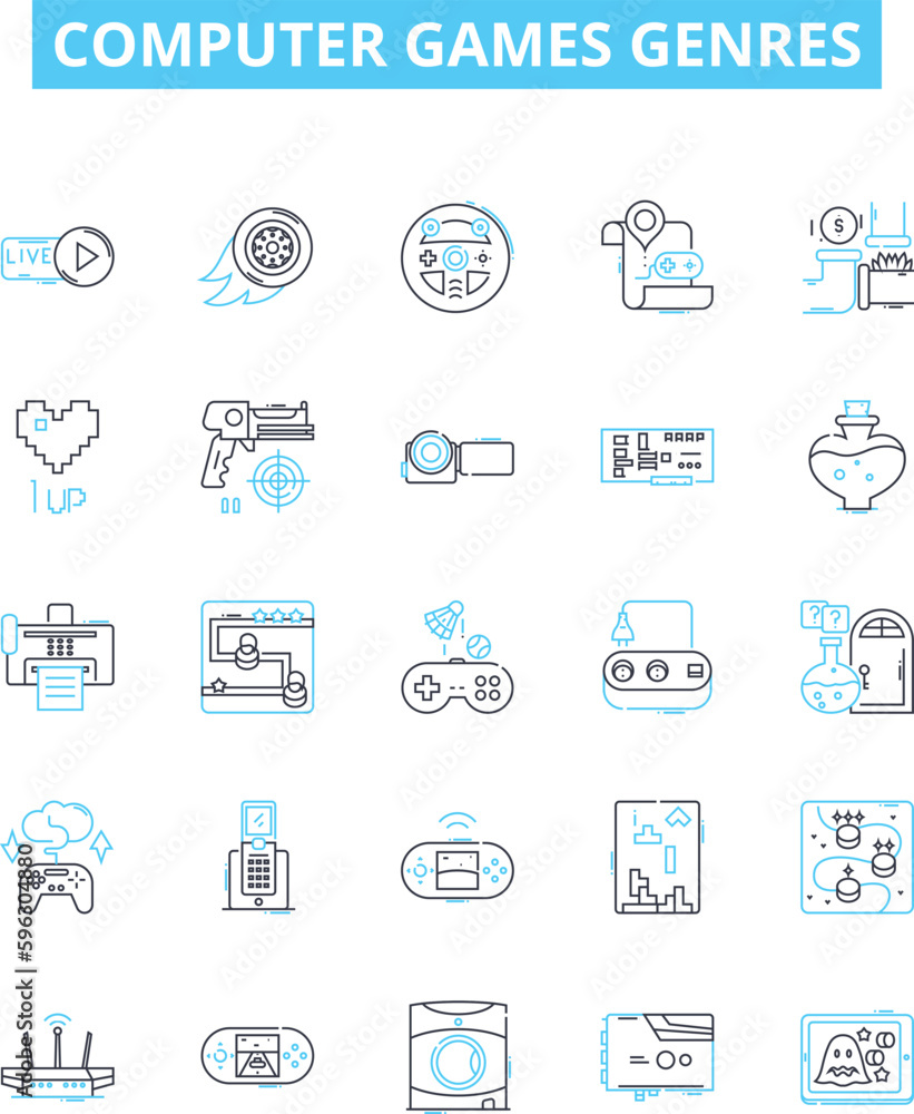 Computer games genres vector line icons set. Simulation, Shooter, Adventure, Puzzle, Strategy, Platformer, Racing illustration outline concept symbols and signs Computer games genres vector line icons set. Simulation, Shooter, Adventure, Puzzle, Strategy, Platformer, Racing illustration outline concept symbols and signs