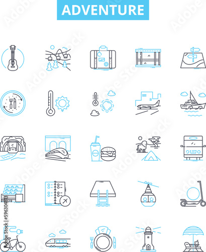 Adventure vector line icons set. Voyage, Exploration, Excursion, Quest, Trek, Tour, Thrill illustration outline concept symbols and signs