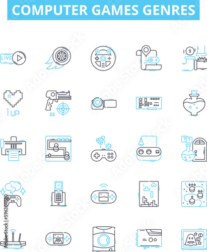 Computer games genres vector line icons set. Simulation, Shooter, Adventure, Puzzle, Strategy, Platformer, Racing illustration outline concept symbols and signs