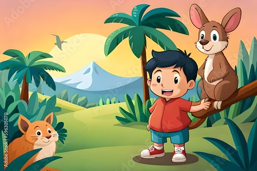 A Cute Kid Character with his cute Cat and Kangaroo in the Jungle  Exploring Wildlife  children s animated films  children s story  kid story  4k  animal wallpaper  pet background  AI