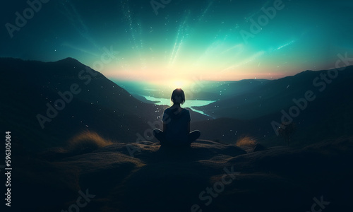 Buddhist monk observing the universe sitting in lotus position to do meditate, galaxy and stars fantasy background