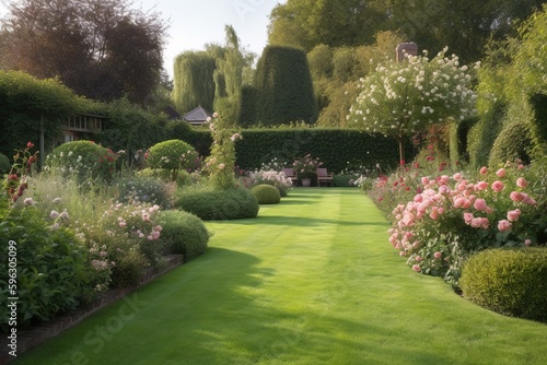 old english garden with house and lawn