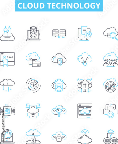 Cloud technology vector line icons set. Cloud, Technology, Computing, Infrastructure, Hosting, Storage, Processing illustration outline concept symbols and signs