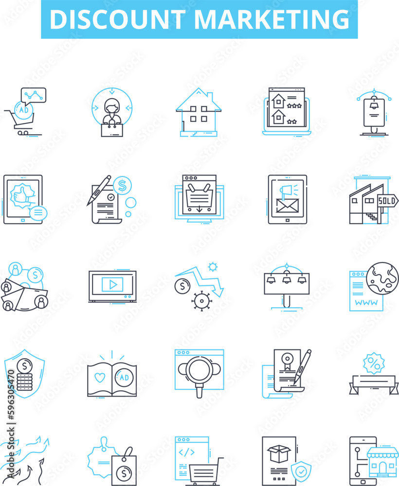 Discount marketing vector line icons set. Discount, Marketing, Sales, Deals, Coupons, Offers, Savings illustration outline concept symbols and signs