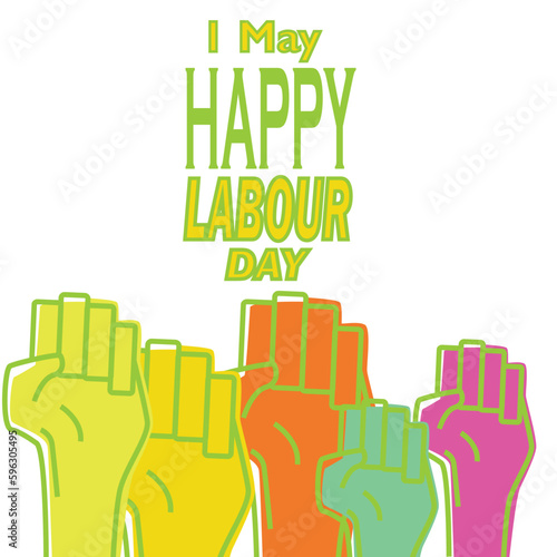 May 1st Labor Day Poster with Fists Protest mob style 1 colorful stripe on White Background. Labor Day Mayday concept illustration with hands raised clenched in the air.