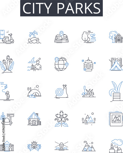 City parks line icons collection. Equality, Empowerment, Finance, Leadership, Entrepreneurship, Employment, Income vector and linear illustration. Ownership,Opportunity,Skill-building outline signs