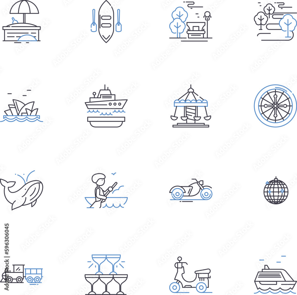 Day trip line icons collection. Adventure, Scenic, Relaxing, Exciting, Culture, Nature, Foodie vector and linear illustration. History,Charming,Beach outline signs set