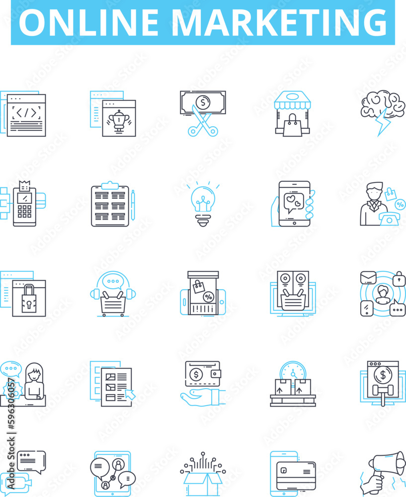 Online marketing vector line icons set. Digital, Advertising, Social, Media, SEO, SEM, Analytics illustration outline concept symbols and signs Online marketing vector line icons set. Digital, Advertising, Social, Media, SEO, SEM, Analytics illustration outline concept symbols and signs