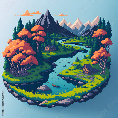 Field near river landscape. AI generated illustration