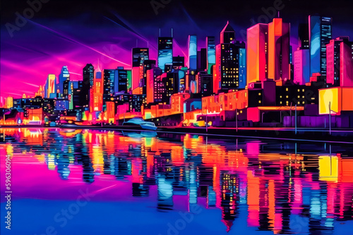 Night view of modern skyscrapers reflecting in the water. Illustration