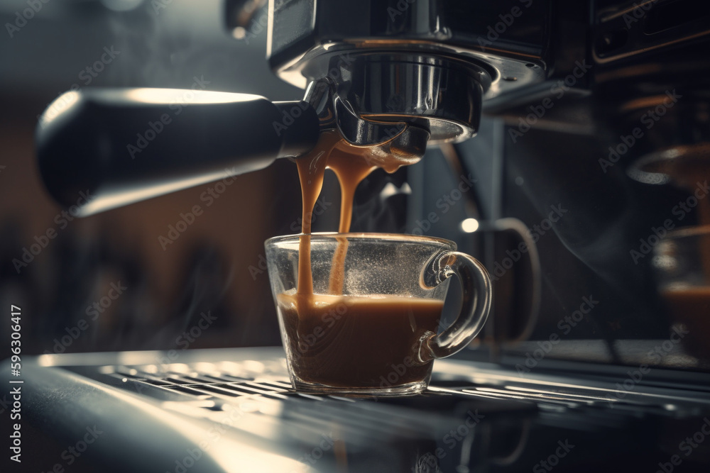 Close up details of brewing machinery pouring and preparing espresso in two cups. Generative AI Close up details of brewing machinery pouring and preparing espresso in two cups. Generative AI