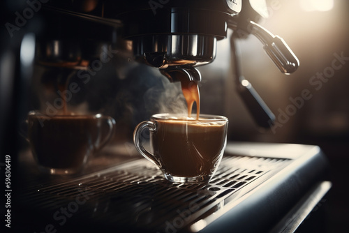 Details of barista preparing fresh espresso on industrial brewing machinery. Generative AI