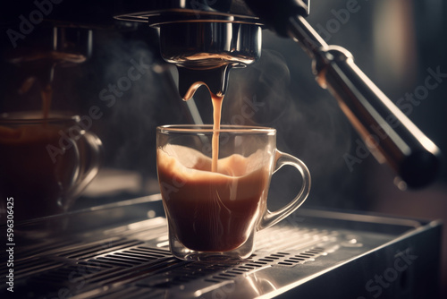 Close up details of brewing machinery pouring and preparing espresso in two cups. Generative AI