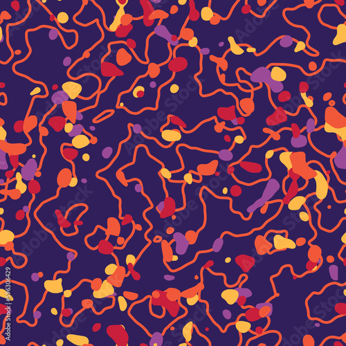 Seamless bright violet pattern for wallpaper, wrapping paper, textile, apparel. Vibrant purple background with colored dots and dynamic orange lines.