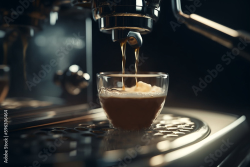 Close-up of espresso pouring from coffee machine. Professional coffee brewing. Generative AI
