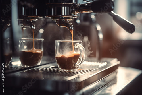 Details of barista preparing fresh espresso on industrial brewing machinery. Generative AI