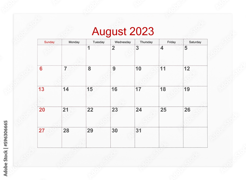 The August 2023 Calendar page for 2023 year isolated on white background, Save clipping path. The August 2023 Calendar page for 2023 year isolated on white background, Save clipping path.